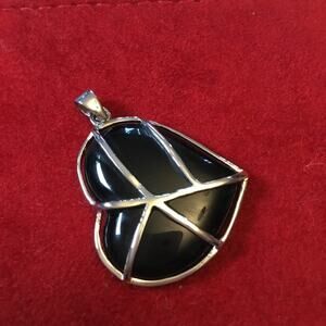 Sterling Silver Black Onyx Heart Pendant (925 Marked)